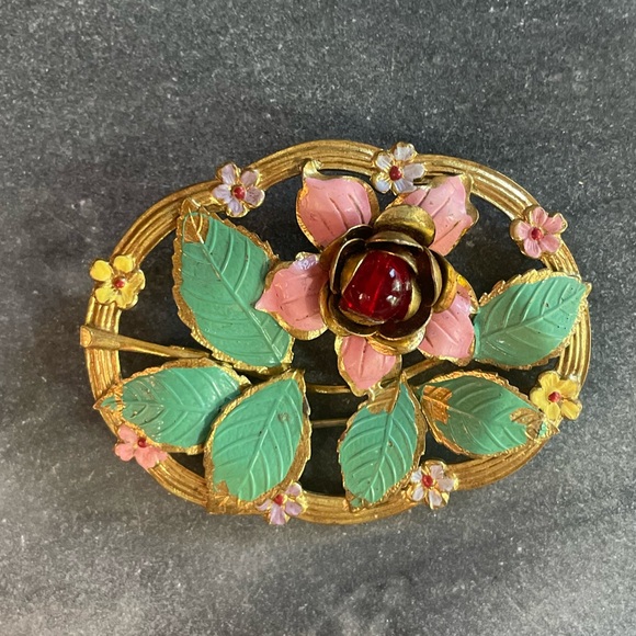 Vintage 30s Painted Floral Gold Marble Jelly Belly Brooch - Picture 3 of 6